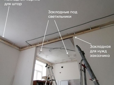 Кухня и гостинная в процессе монтажа натяжного потолка 